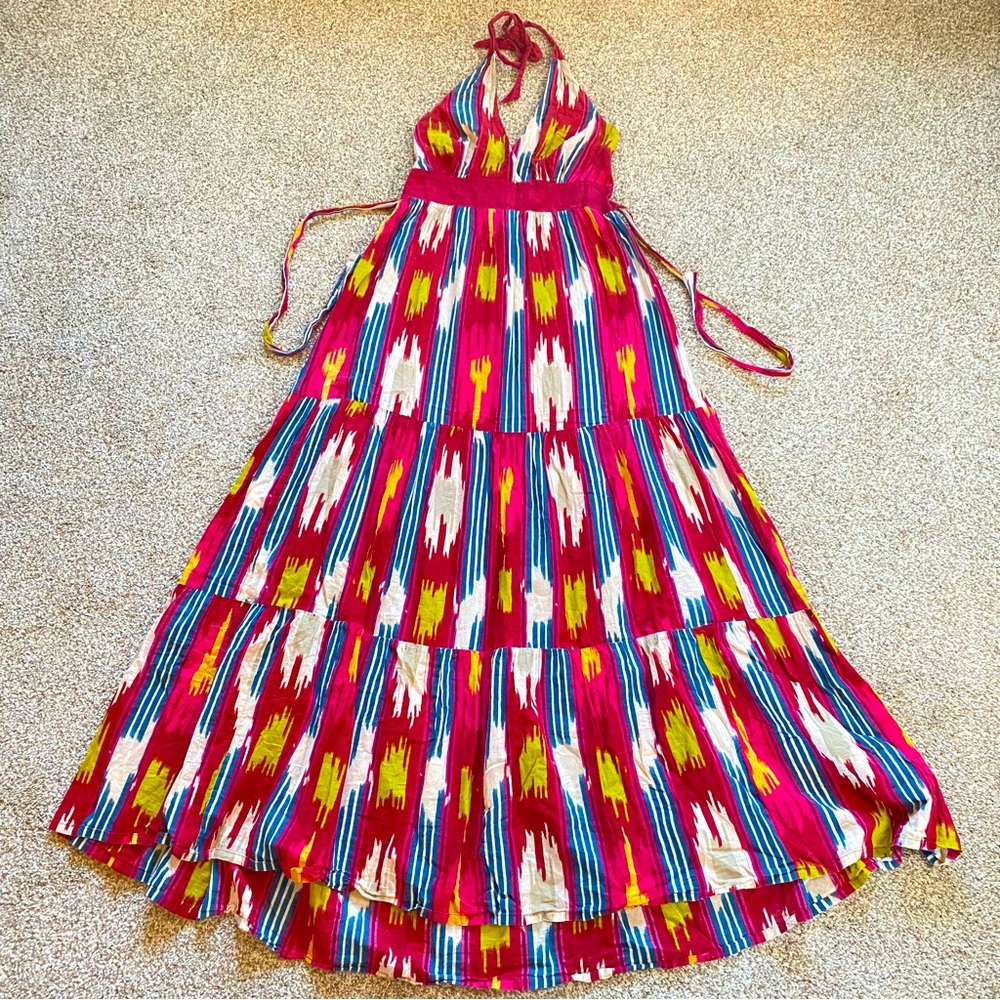 Southwestern Maxi Dress, Size 10, Multicolor Festival Halter Flowy Boho Weatern